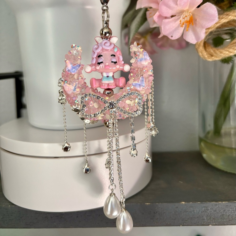 Pink and Silver Moon Keychain with Pearls